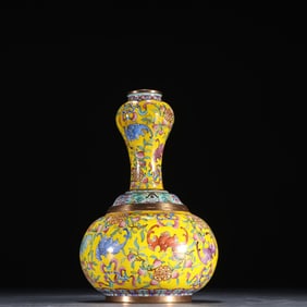 A piece of Qing copper fetal painting enamel yellow ground dark eight immortals Fushou pattern