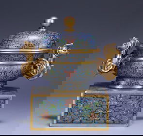 A piece of clear copper gilt cloisonné enamel double phoenix ear cover furnace