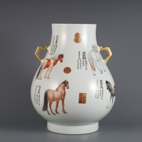 A piece of Qing Qianlong year enamel color eight horses figure Ruyi ear zun bottle