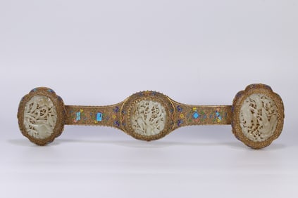 A piece of Qing Dynasty silver gilt filigree inlay and Tian jade lotus crane dragon pattern Ruyi