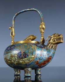 A cloisonné windowed landscape dragon head spout pot