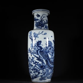 A Qing Dynasty Kangxi blue and white flower and bird pattern stick vase