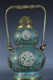 A cloisonné inlay Hetian jade entwined flower handle gourd bottle