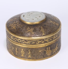 A silver-inlaid jade figure flower and bird lid box