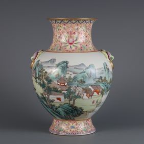 A piece of Qianlong in the Qing Dynasty pastel figures, landscapes and double blessings