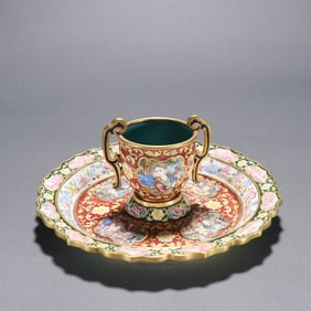 A Qing Dynasty bronze gilt painting enamel window "Western figures" cup