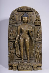 A Qing Dynasty two-color alloy copper wrong silver big day Buddha standing statue Buddha plate