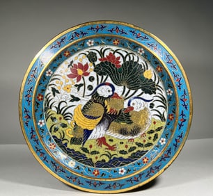 A Ming Dynasty cloisonne mandarin duck plate