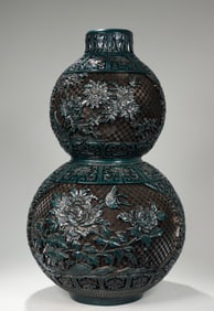 A piece of green lacquerware, windowing, flowers, birds, and gourd bottles, Qianlong year of the