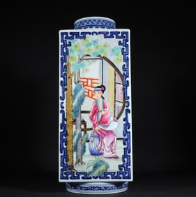 A Qing Dynasty Qianlong pastel figure Cong-style bottle
