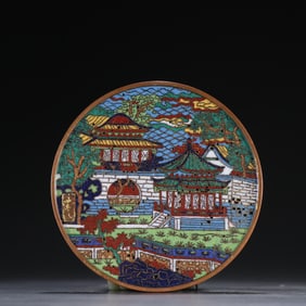 A piece of gilt filigree cloisonné cloisonne mountain tree pavilion pattern bronze mirror