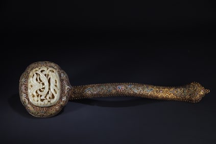 A piece of gilt enamel color cloud dragon figure jade Ruyi ornament