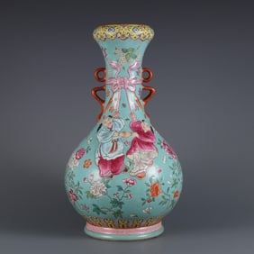 A piece of Qingdao light year turquoise green pastel floral carved figure amphora