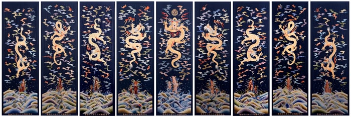A set of 9 dark blue embroidered Nine Dragon screens