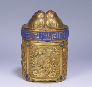 One piece of copper gilt floral mandarin duck tea canister