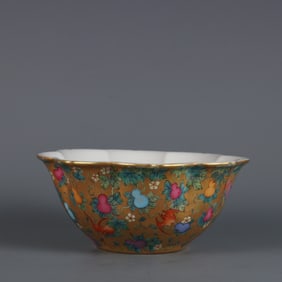 A piece of Qing Yongzheng imperial gold ground pastel Fulu pattern plum blossom bowl