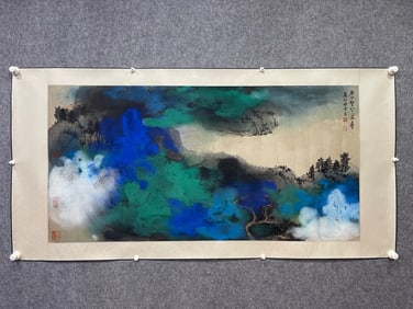 A four-foot mineral color splashed ink landscape by Zhang Daqian