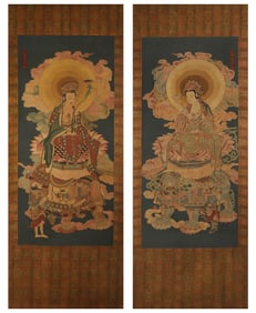 A piece of silk Manjushri, a pair of Puxian Bodhisattvas
