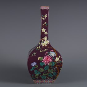 A piece of the Qing Yongzheng year purple ground pastel flower and bird pattern inscription poem
