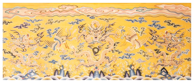 A yellow background Nesa embroidered dragon and phoenix pattern