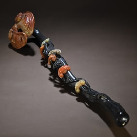 A piece of Qing red sandalwood inlaid with Shoushan stone "Ganoderma lucidum Ruyi ornament"