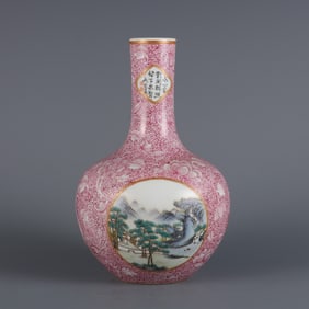 A piece of the Qianlong year of the Qing Dynasty carmine color blooming pastel landscape inscription
