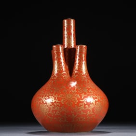 A piece of clear coral red glaze painted gold entwined branch lotus five-tube bottle