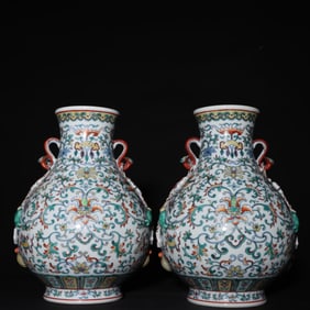 A pair of Qing Dynasty Qianlong Doucai Ruyi double-eared