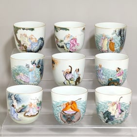 A set of Qing Dynasty Qianlong eighteen Arhat inscription poem cups
