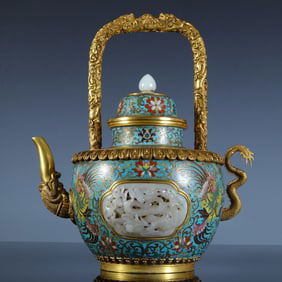 A piece of copper gilt cloisonne inlay Hetian jade dragon pattern handle pot