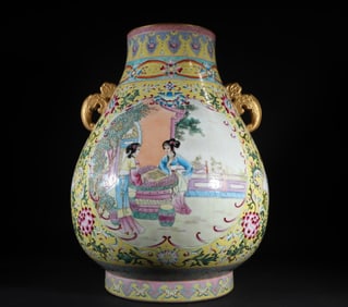 A piece of Qing Dynasty Qianlong pastel figure Fu Bucket Zun