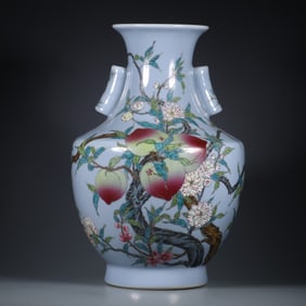 A piece of Qianlong in the Qing Dynasty sky blue glaze plus pastel nine peach pattern through the