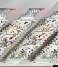 A pair of Qing Yongzheng pastel December flowers and birds poems hold a vase