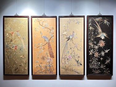 A set of four screens of flowers and birds