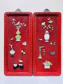 A pair of lacquer treasure inlaid with a picture hanging screen