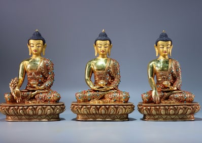 A set of bronze gilt hand-engraved inlaid with precious stones of the Three Treasures Buddha