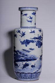 A Qing Dynasty blue-and-white pine crane longevity stick mallet vase