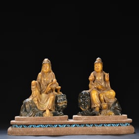 A pair of old Shou Shan Tian Huang stone carving Shi mineral color Puxian, Manjushri Bodhisattva