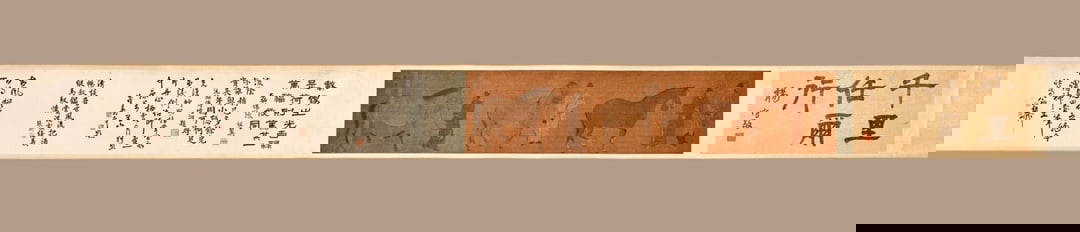 A handscroll of Ren Renfa on silk and a picture of a man and a horse, originally mounted: Ren Ren Fa silk book human horse figure hand scroll original old mounting Size: 135x30cm (The Dimensions Of All Batches Are Manually Measured.If You Need More Detailed Information, Please Contact Our