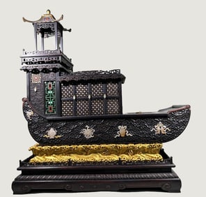 A piece of Qing Dynasty rosewood inlaid cloisonné boat