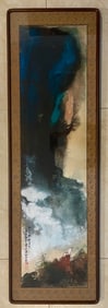 An old mirror frame on paper with a splash of ink on a landscape