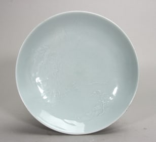 A piece of Qing Yongzheng pink blue glaze carved landscape poetry plate