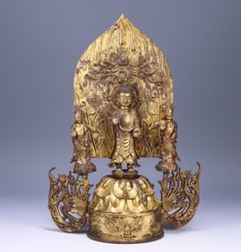 A Northern Wei Dynasty bronze gilt Buddha Sakyamuni bench