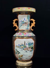 One piece of Qing Qianlong: pastel Ji blue glaze depicting gold open window landscape pavilion
