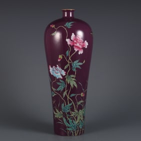 A piece of the Qing Yongzheng year purple ground pastel flower and bird pattern inscription poem