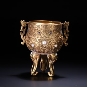 An old collection of copper, gilt and gem-inlaid "Jin Ou Yonggu" cup