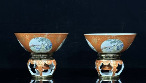 A pair of Qing Qianlong: pastel coral red, gold windowed figures, piano, chess, calligraphy and