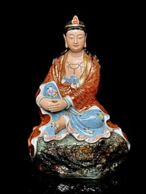 A piece of Republic of China sculpture porcelain Zeng Longsheng made alum red gold free Guanyin