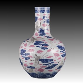An old collection of Qing Qianlong blue and white and pastel crane song nine days pattern celestial