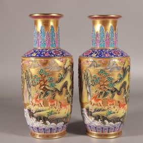 A pair of Qianlong enamel gold carved deer-pattern mallet bottles